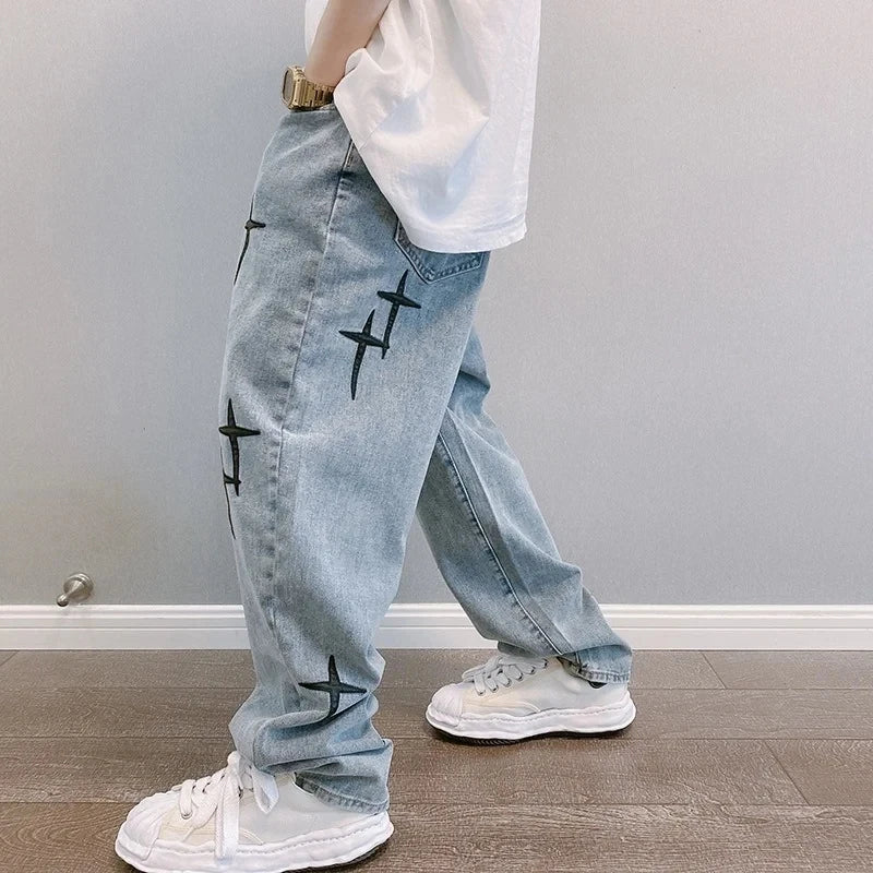 New Baggy Men's Jeans Embroidery Fashion Loose Denim Pants Streetwear Hip Hop Straight Wide Leg Trousers Casual Men Clothing