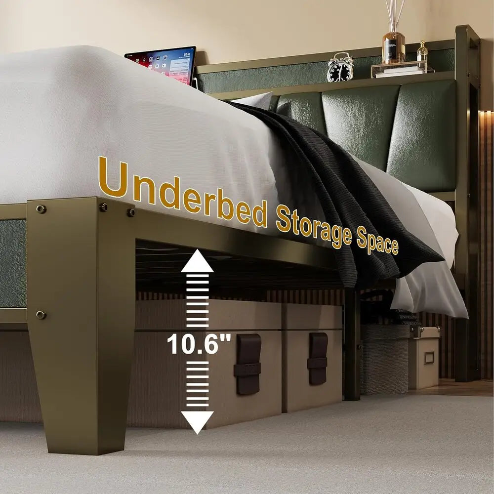 LIKIMIO XL Twin / Queen Bed Frame, Storage Headboard with Charging Station, Solid and Stable, No Box Spring Needed