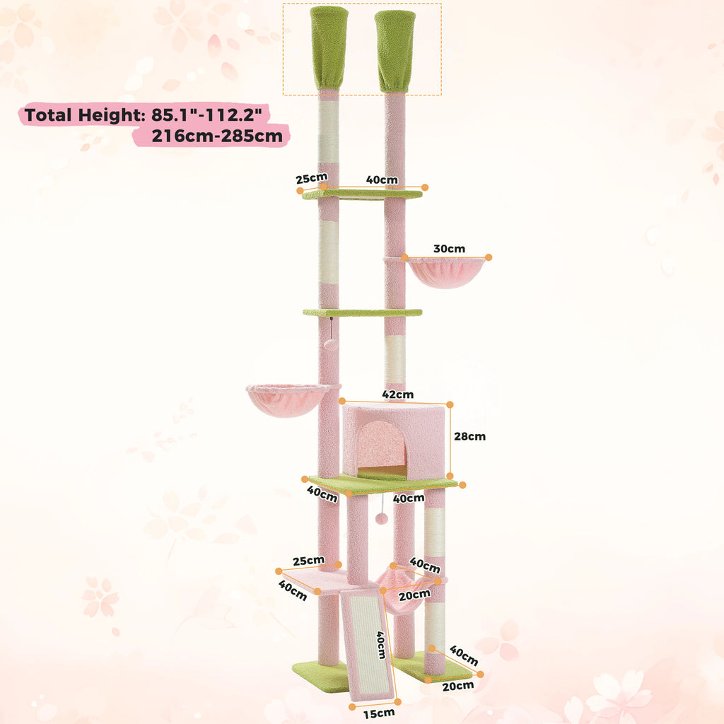 Tall Cat Tree with Adjustable Height Floor to Ceiling Cat Tower with Scratching Posts Soft Hammock Cat Condo for Indoor Cat Toys
