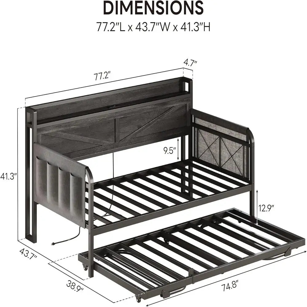 LIKIMIO Twin Daybed with Trundle Bed, Storage Headboard with Charging USB Station, Sofa Day Bed with Strong Supports for Bedroom