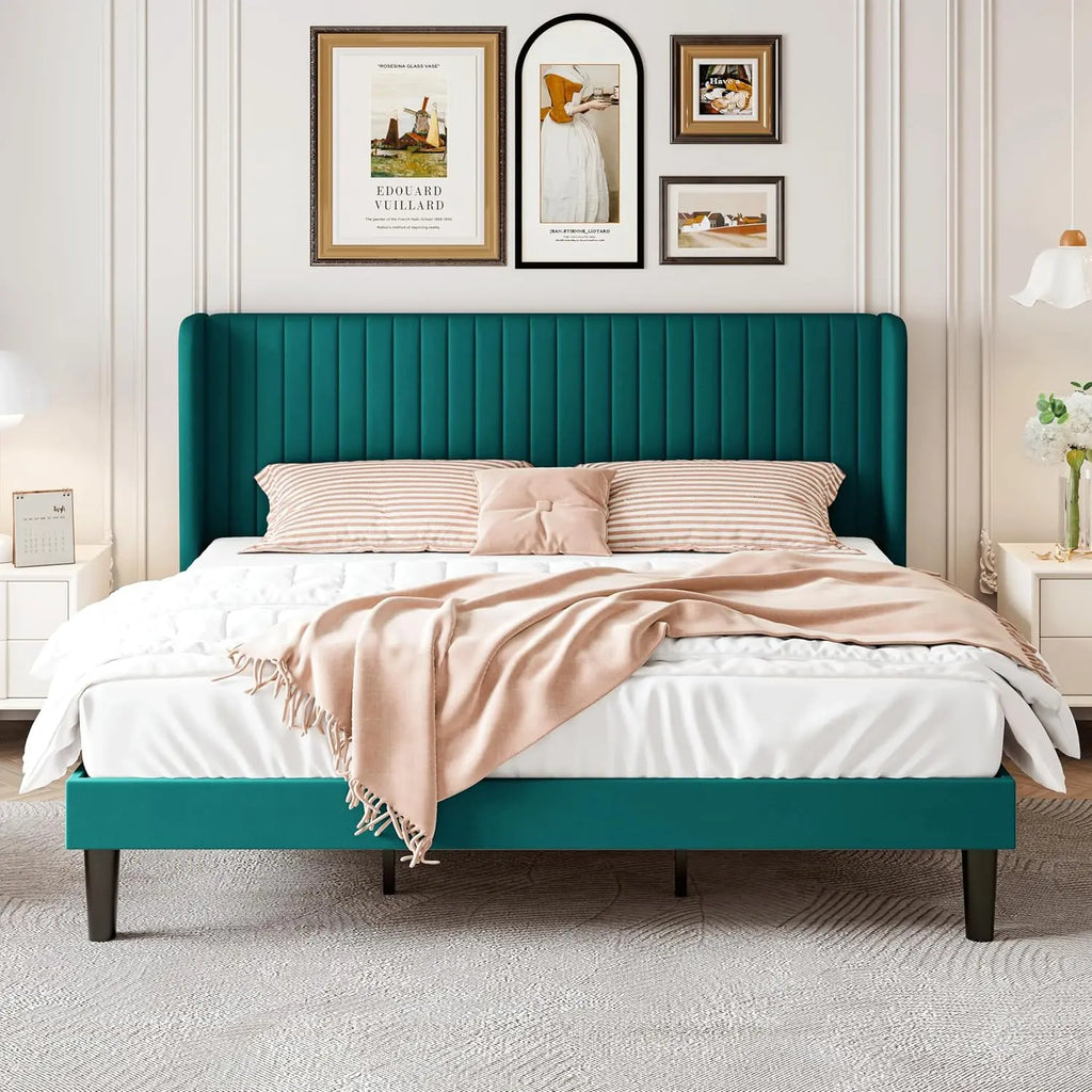 Bed Frame, Full-king Size Velvet Bed Frame with Vertical Channel Tufted Wingback Headboard, No Box Spring Needed, Easy Assembly