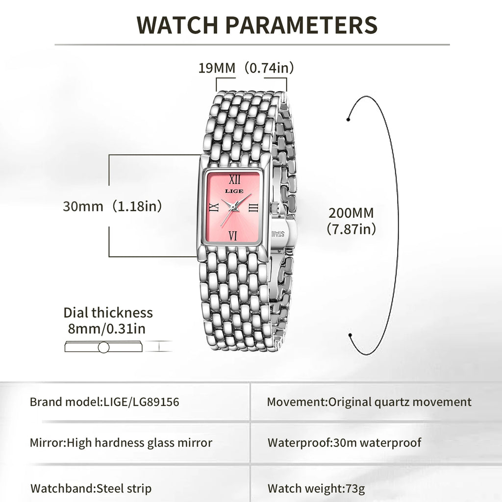 LIGE Luxury Women Watches Fashion Rectangle Woman Quartz Watch Stainless Steel Band Wristwatches Reloj Mujer+Box
