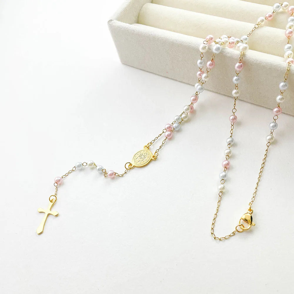 Y Shape Beads Chain Gold Color Stainless Steel Virgin Mary Cross Rosary Pendant Long Necklace Women Girls Jewelry Spiriti Pray