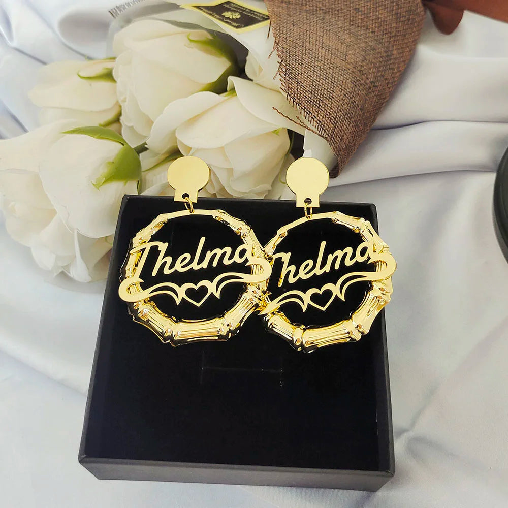 Custom Name Earrings Ear Clip Bamboo Hiphop Fashion Bamboo Circle Round Earrings Personalized Customization Letters For Women