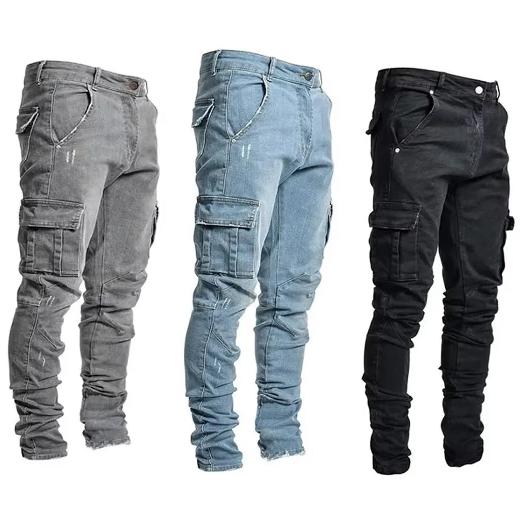Men Casual Pencil Jeans Male Elastic Multi Pocket Small Slim High Street Denim Pants Wash Solid Color Mid Waist Cargo Jeans