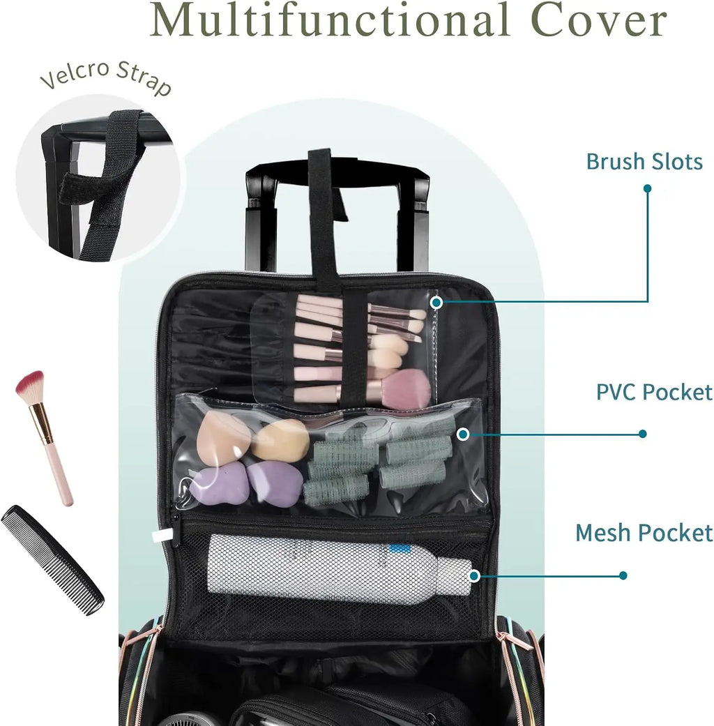 Professional Rolling Makeup Train Case,  Make Up Storage Bag for Makeup Artist, Hairstylist, Barbers, with 5 Toiletry Bags