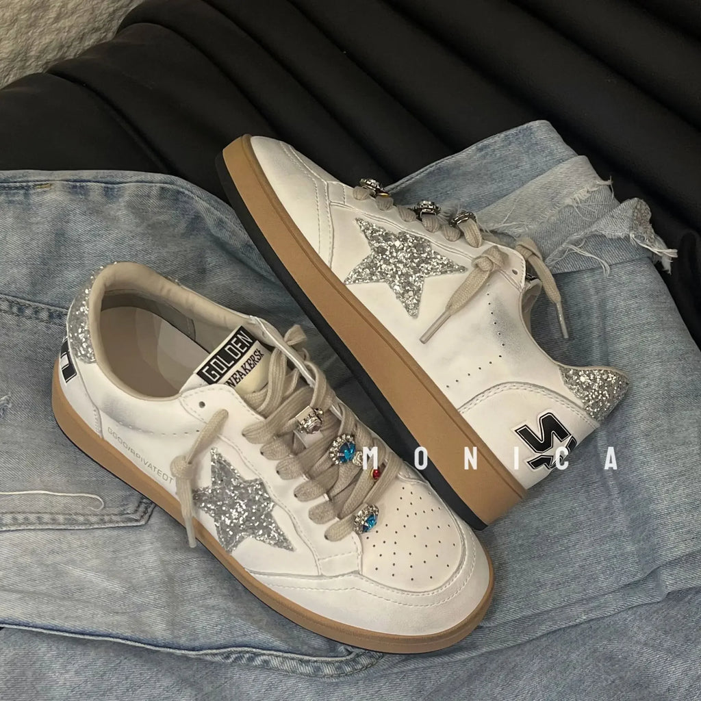 Fashionable Casual Star Shoes Spring 2025 New Arrival Distressed Soles Preppy Style White Shoes For Adults Rubber Soles