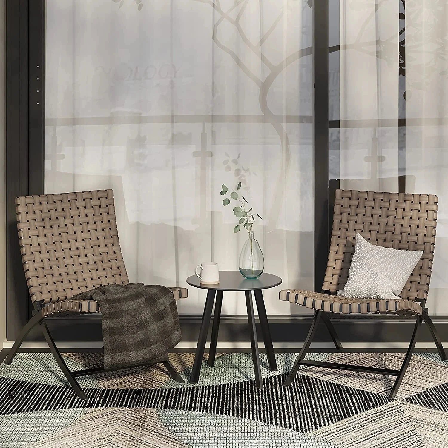 3 Piece Leather Texture Wicker Patio Chairs, Foldable Balcony Furniture Set with Outdoor Lounge Seating and Side Table