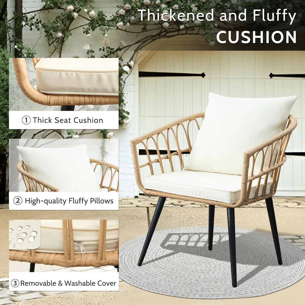 3 Piece Patio Porch Furniture Sets - Outdoor Wicker Chairs Bistro Set w/Cushions & Table for Balcony Lawn Pool Backyard