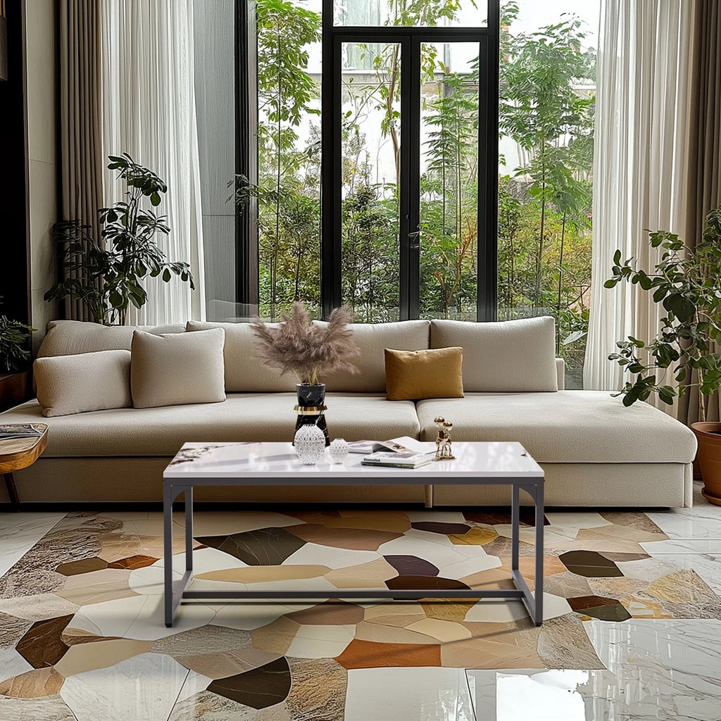 Modern Rectangular Coffee Table |Chic Sintered Stone Top|Black Aluminum Frame| Space-Saving Living Room & Bedroom Side Table