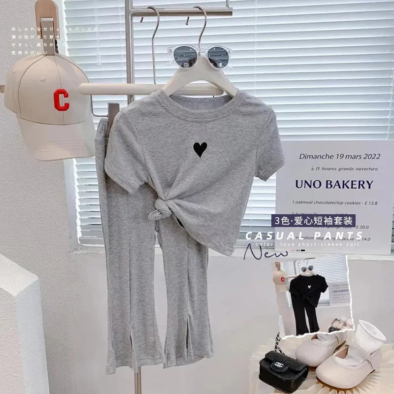 Baby Girls Clothes Outfit Summer Sweet Heart  Top & Pants 2 Pieces Set Teenage Girl Bell-bottom Trousers Tracksuit Kids Clothes