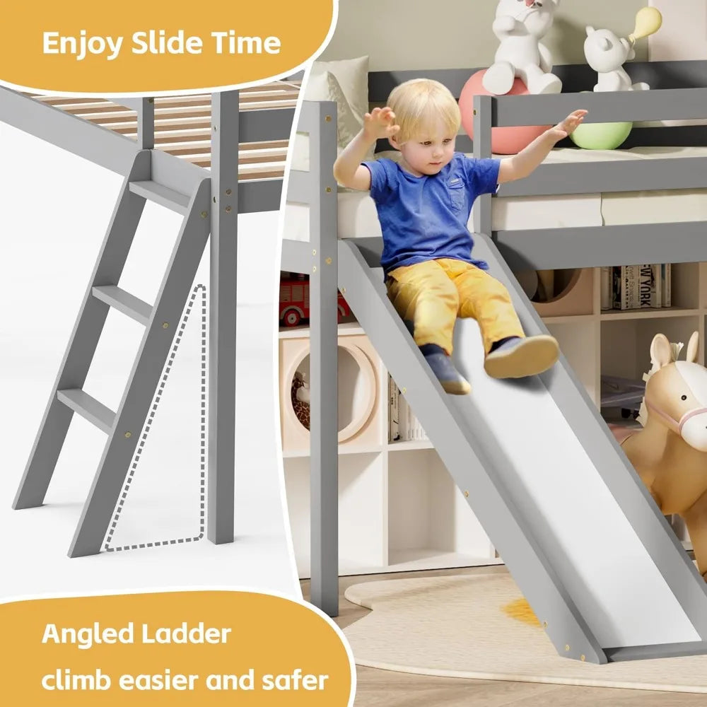 low loft bed with slide, wood twin loft bed frame with climbing ladder & storage space for kids toddler (grey)