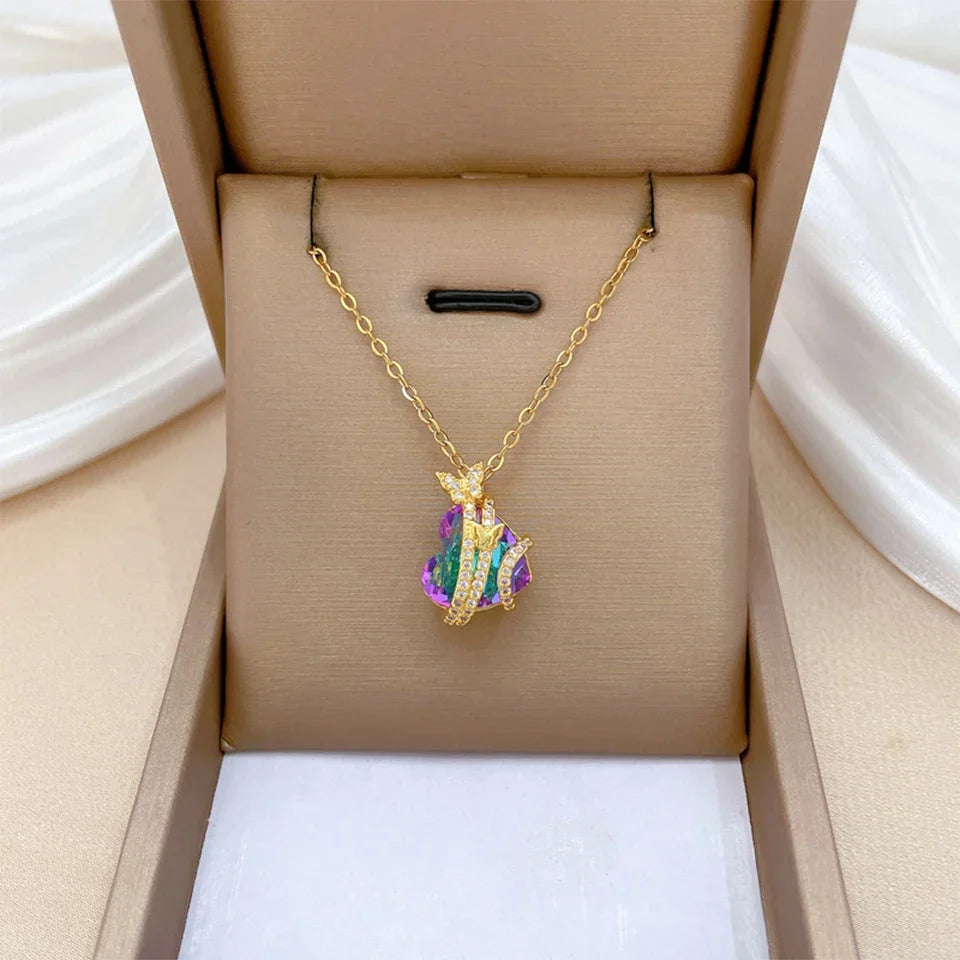 ZAKOL Gorgeous Colorful Zircon Love Heart Pendant Necklace For Women Fashion Stainless Steel Neck Chain Jewelry Gift