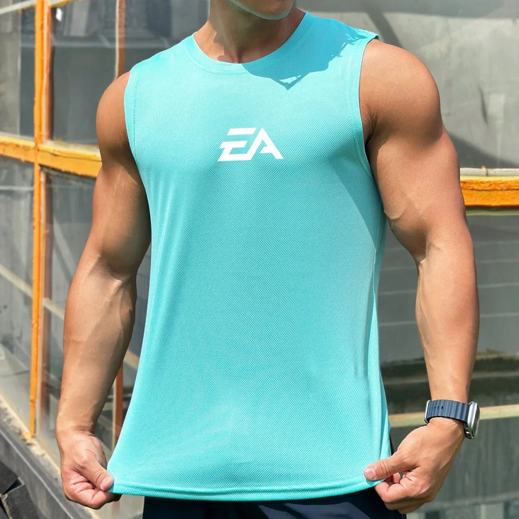 Summer New Trend Men's Pullover Round Neck Mesh Bottom Shirt Sports Fitness Swimming Running Shirt Sleeveless Vest Quick  Dry