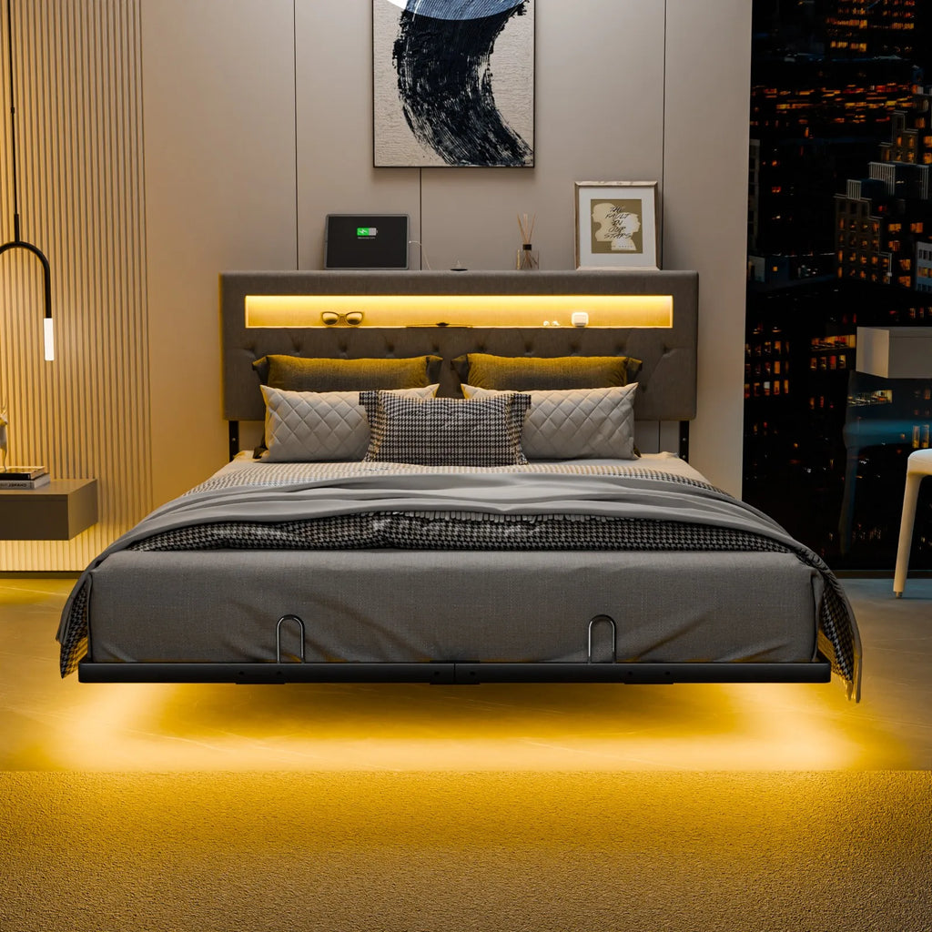 Twin Floating Bed Frame with Upholstered Headboard Charging Station/LED Lights