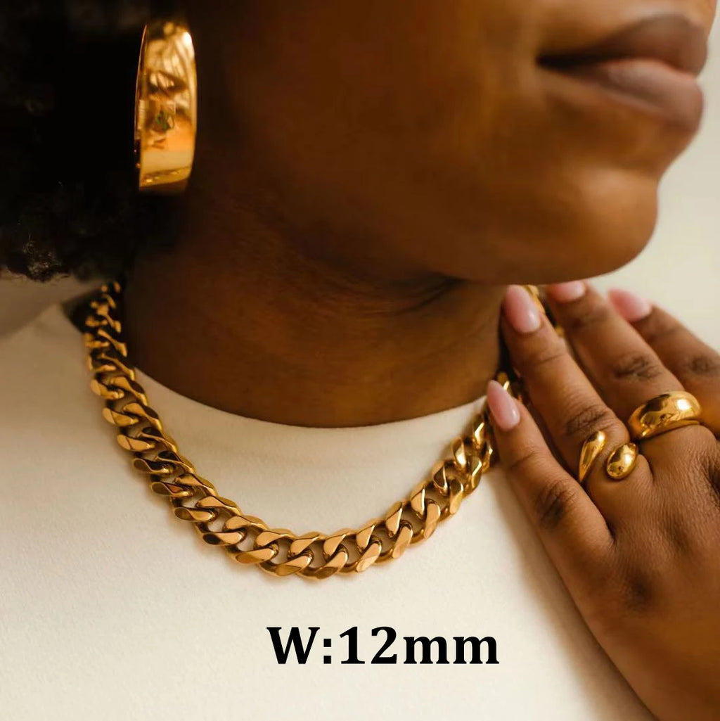 12/14mm Hip Hop Necklace 18K Gold Plated  316L Stainless Steel Cuban Link Chain Bracelet Jewelry For unisex Fashion Jewelry