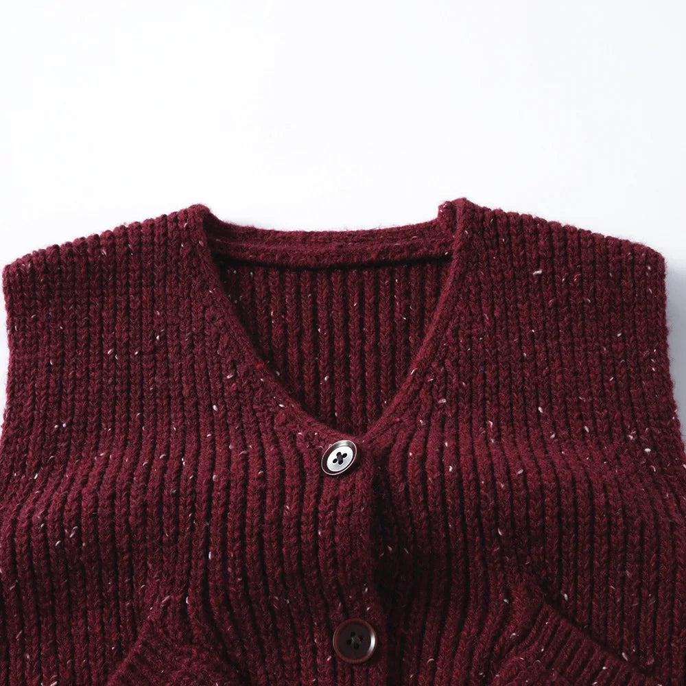 Baby Girls Boys 1-6Y Kids Girl Clothes Burgundy Knitted Cardigan Vest Soft Woolen Fabric Pocket Detail Casual Daily Wear Sweater