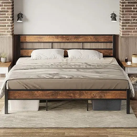 likimio california king bed frame wtih headboard, easy assembly, noise-free, no box spring needed, heavy strong metal support fr