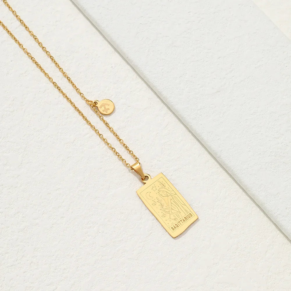 Stainless Steel Square Tarot Card Pendant Women Necklace Twelve Constellations Gold-Plated Clavicle Chain Horoscope Gifts