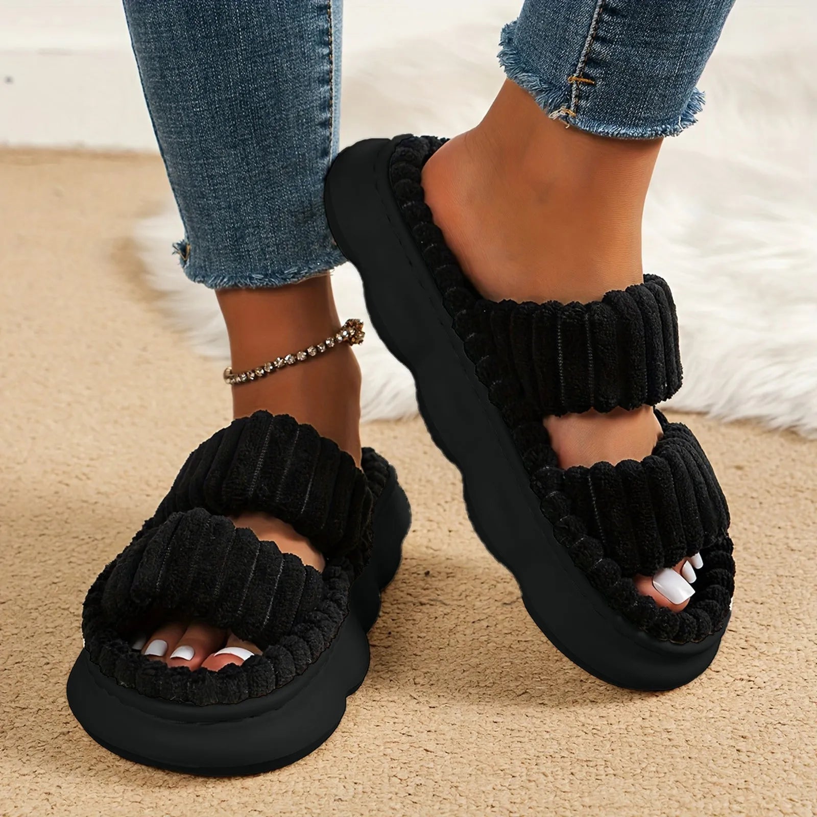 Autumn Winter New Women Home Slippers Open-Toe Cross Band Linen Soled Indoor Slides Linen Soled Non-Slip Bathroom Slippers