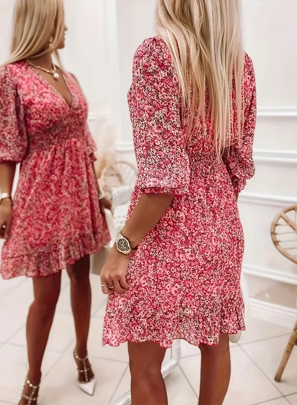 Women's small floral printed V-neck dress, elastic waist design, bohemian fashion casual dress, suitable for daily wear in sprin