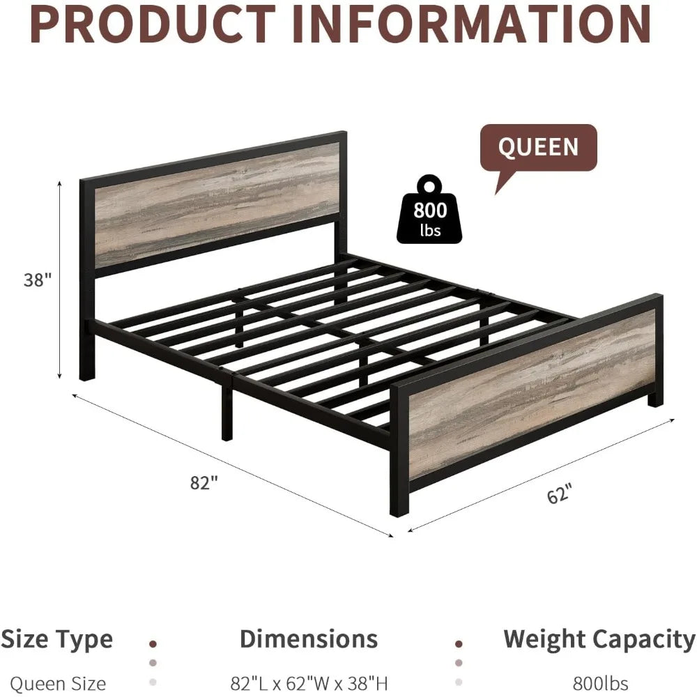 Catrimown Queen Bed Frame with Headboard, Metal Bed Frame Queen Size, Heavy Duty Metal Platform Bed Frame, Under Bed Storage, No