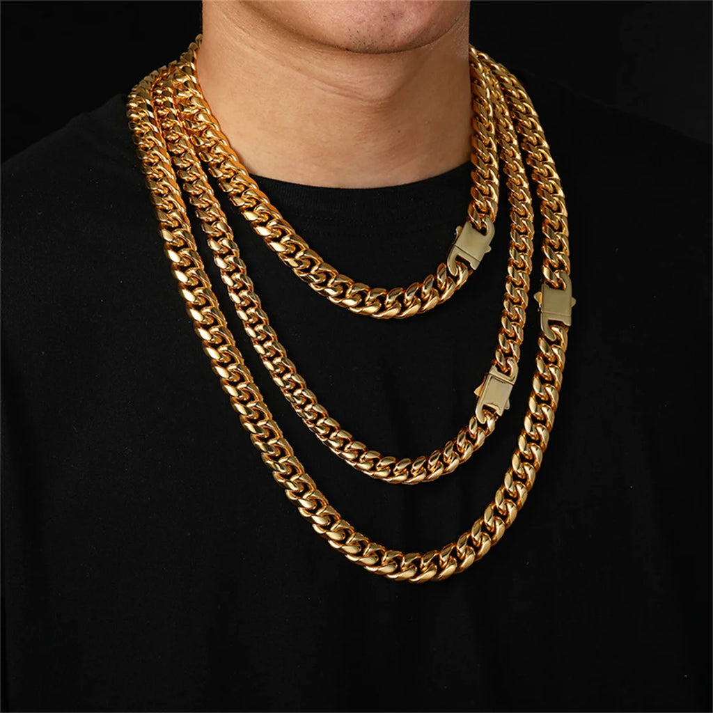 12/14mm Hip Hop Necklace 18K Gold Plated  316L Stainless Steel Cuban Link Chain Bracelet Jewelry For unisex Fashion Jewelry