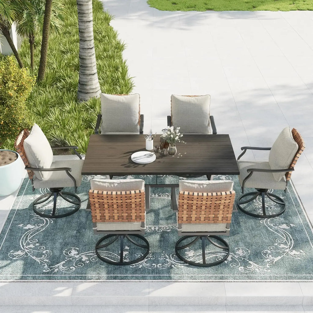 7-Piece Outdoor Dining Set, 6 Leather-Look Wicker Swivel Patio Chairs &  Rectangular Dining Table For Home Garden Decor, Deck