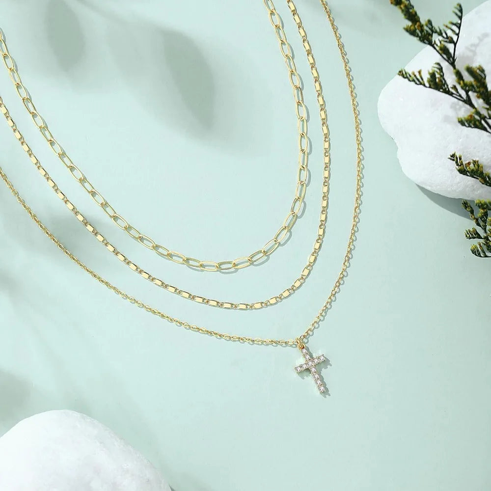 Layered Gold Necklace for Women, Trendy Stackable 14k Gold CZ Diamond Cross Pendant Necklace Jewelry, Paperclip Box Flat Necklac