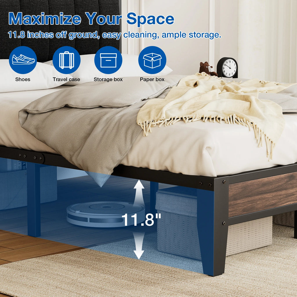 Twin/Full Bed Frame, Headboard Upholstered Bed Frame Platform, All Metal Slats Support Platform Bed Frame with Storage Space