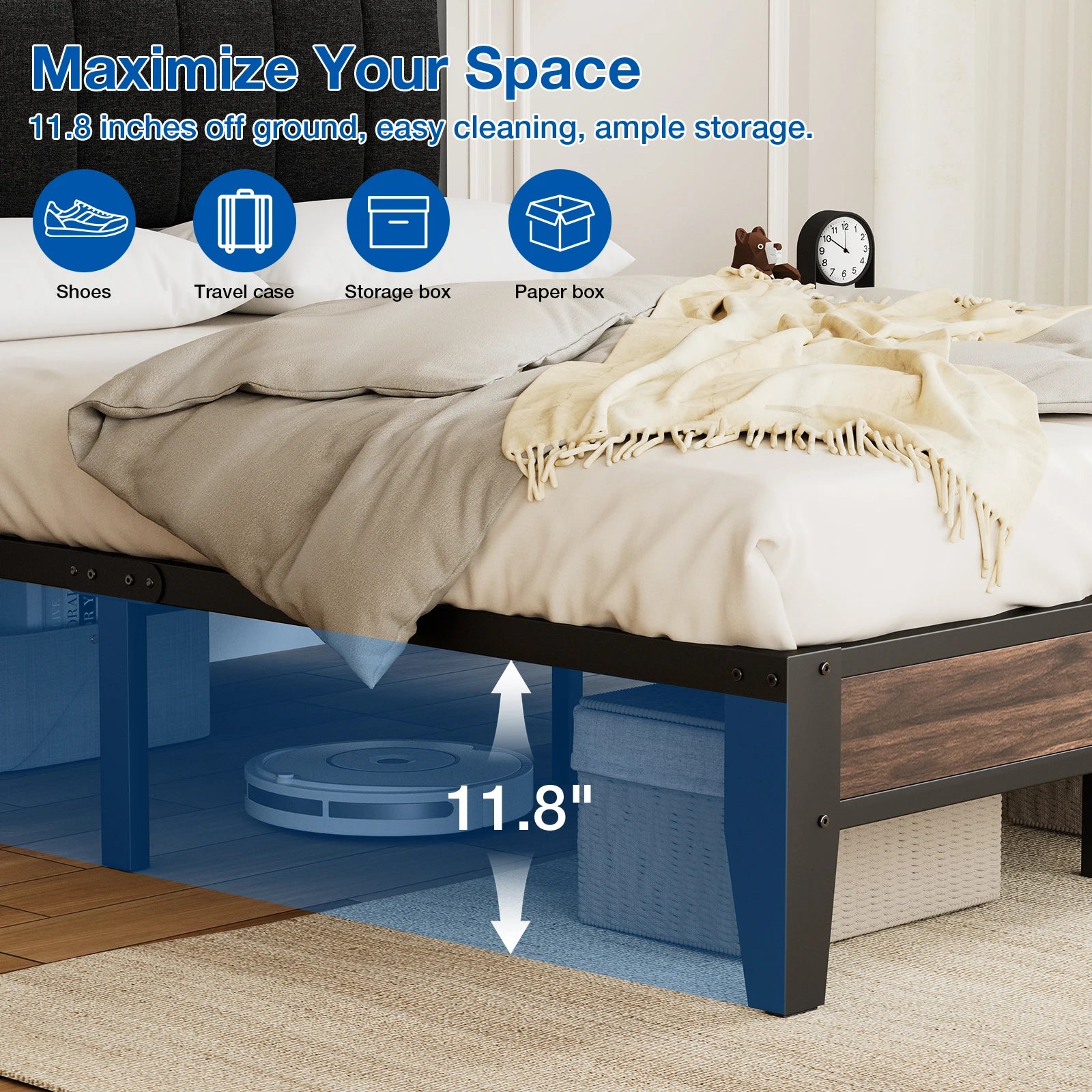 Twin/Full Bed Frame, Headboard Upholstered Bed Frame Platform, All Metal Slats Support Platform Bed Frame with Storage Space
