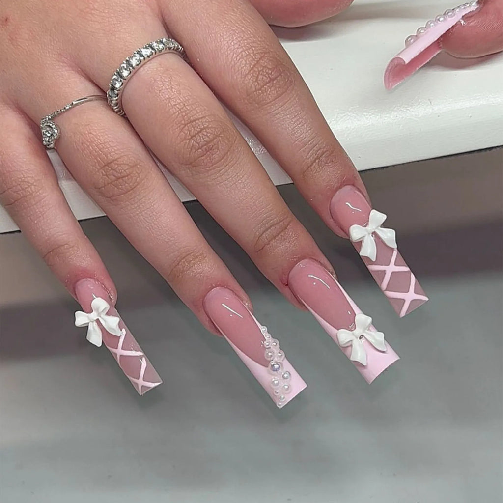 Rhinestone Embellished White Fake Nails Long Square UV Gel Cool Color Nails for Dance Parties Weekend Trips Parties