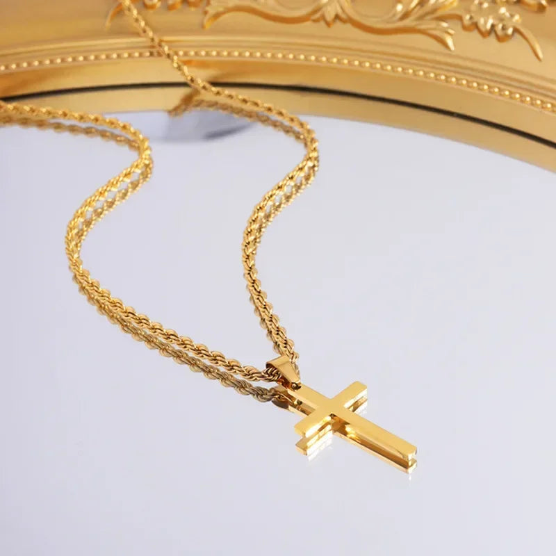 New Stainless Steel Cross Pendant Necklace for Men Women Minimalist Gold Color Jewelry Male Female Necklaces Chokers Gifts 2024