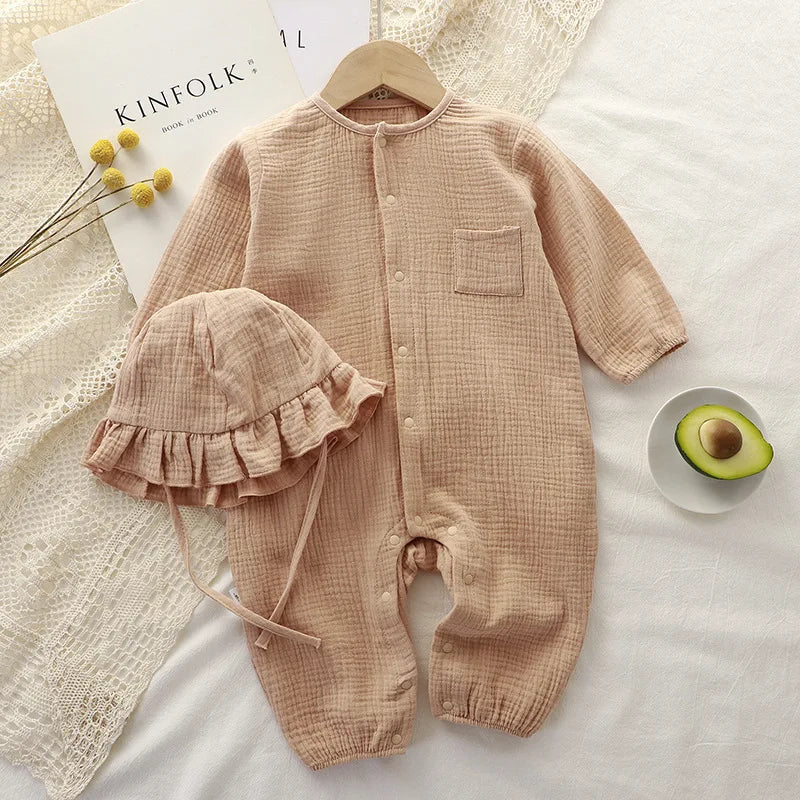 Baby Boys Girls Clothes Newborn Jumpsuit + Hats Infant Muslin Cotton Long Sleeve Romper 0-24 Month