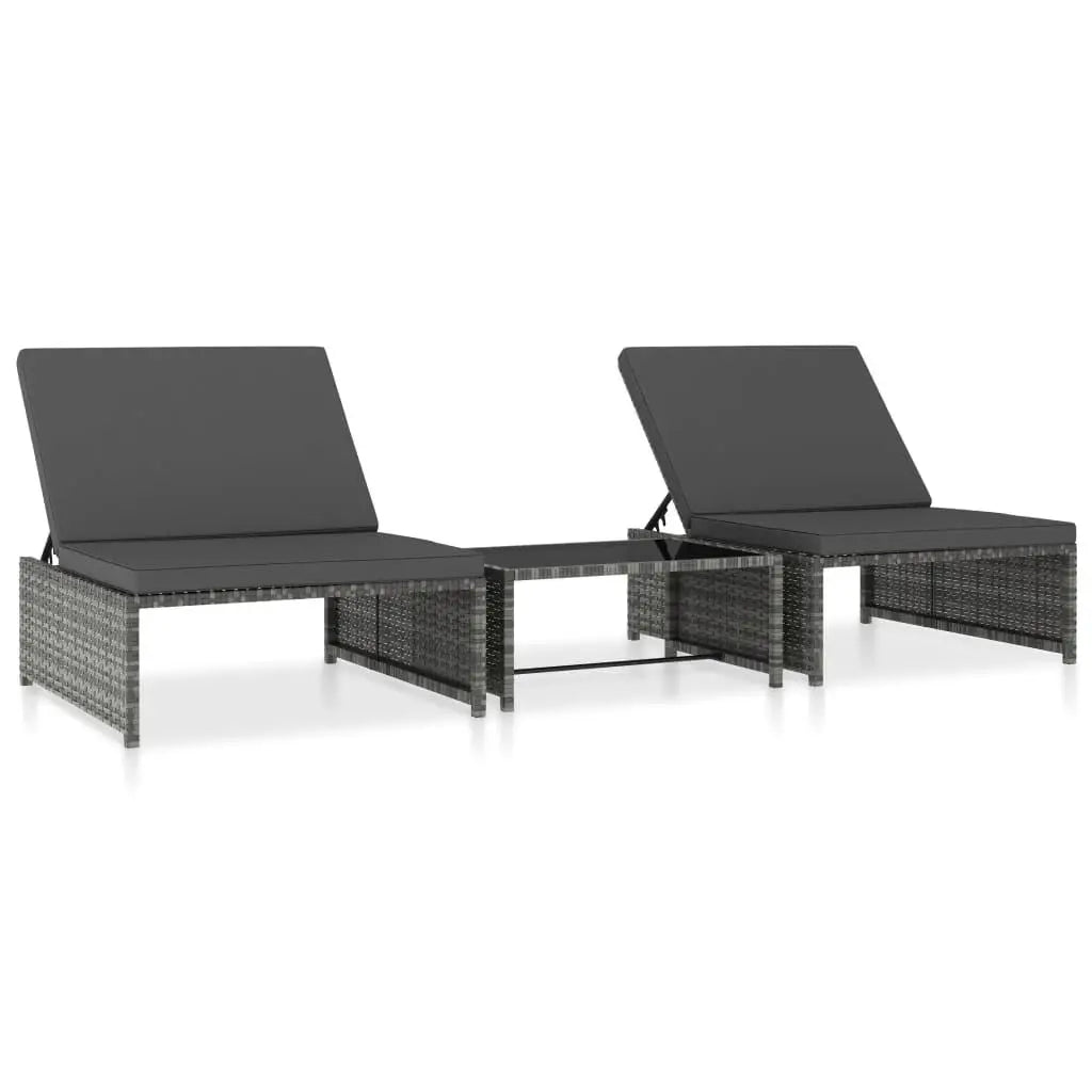 2-Piece Gray Poly Rattan Reclining Patio Chairs Set with Table - Outdoor Furniture