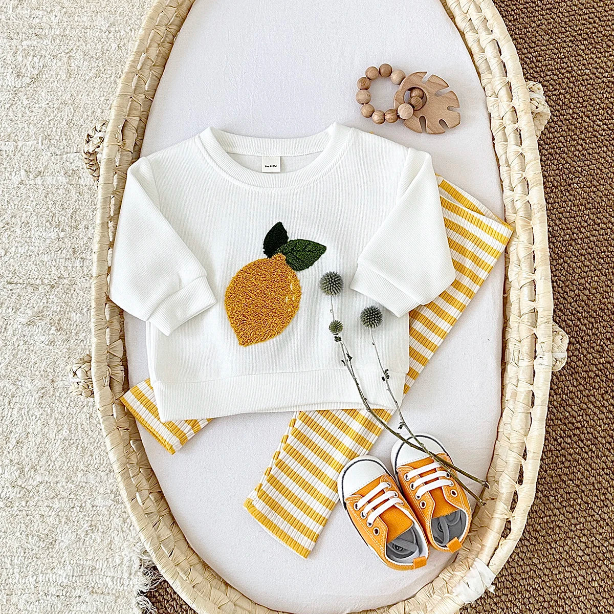 Ins Baby Girls Clothes Autumn Infant Toddler Outfits Fruit Embroidery Pullover Top+Pants Spring Newborn Sets Cotton Clothing