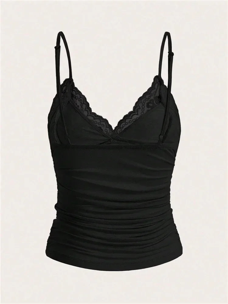 Sexy Contrast Lace Bow Front Crop Cami Top Women 2025 Summer Grunge Punk Y2K Clothes Ruched Skinny Backless Tee Shirt