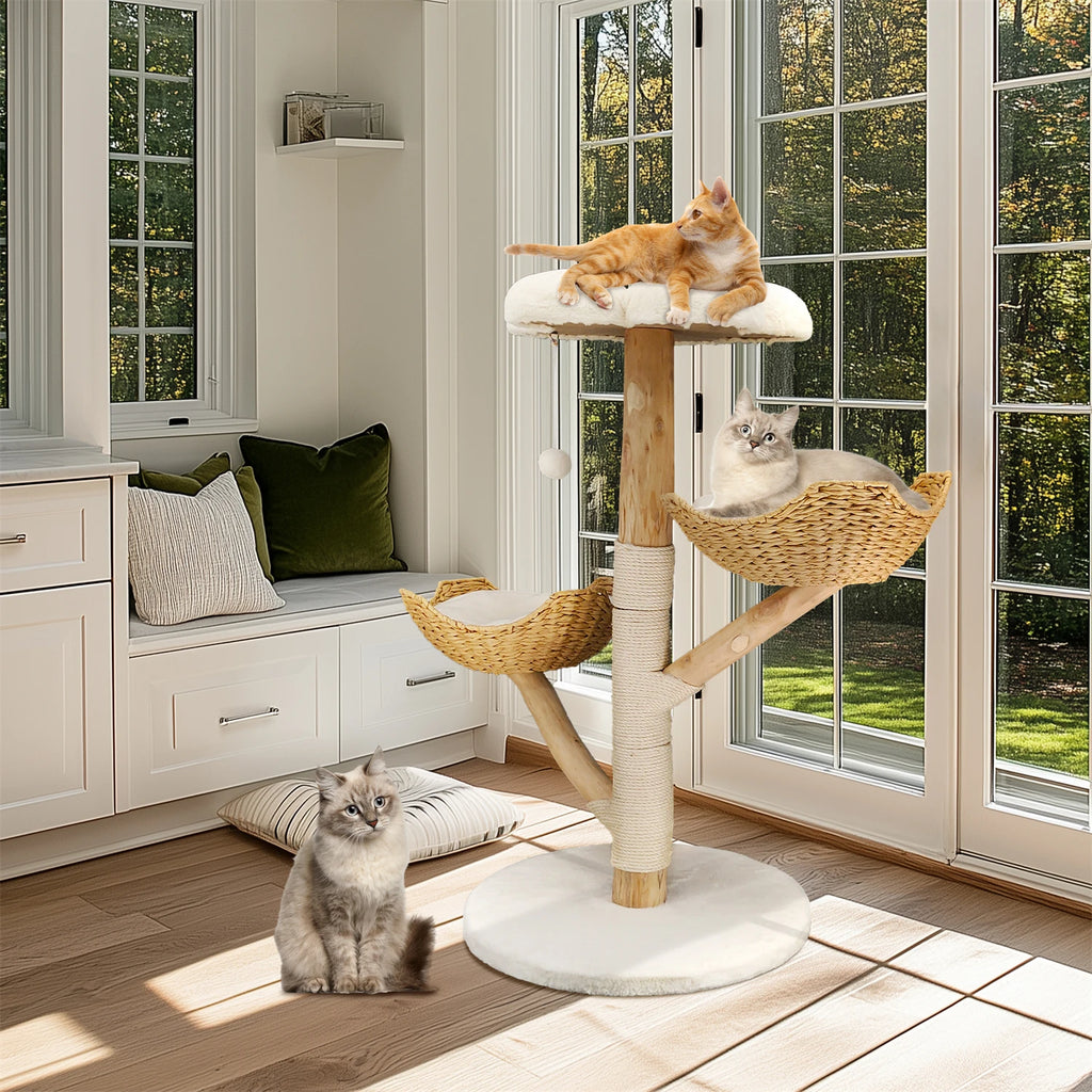 Modern Cat Tree Activity Tower with Plush Cushion and Toy Ball Sisal Scratching Post Kitten Condo Play House for Indoor