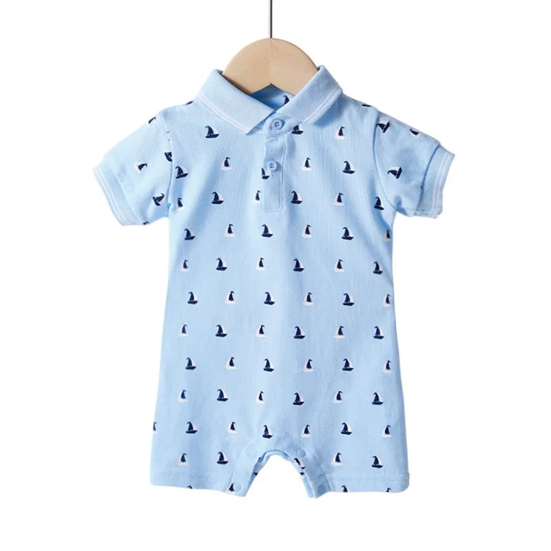 Spring/Summer Baby Short sleeved Polo Collar Flat Feet Jumpsuit Solid Color Baby Cotton Child Accessories