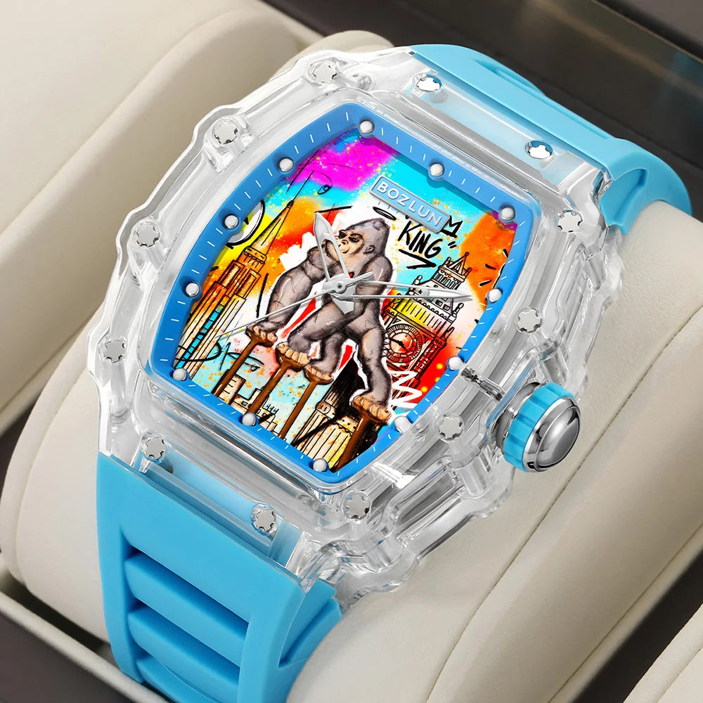 Men Mechanical Watch Transparent Case Silicone strap Luminous Calendar Wrist Watches Leisure Sports Style watches for Men