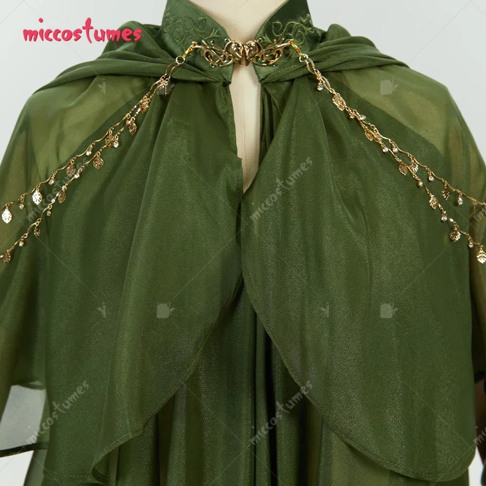Women's Medieval Elegant Princess Elf Cosplay Costume Cloak Embroidered Satin Collar Green Cape with Hood Costume Party Dress