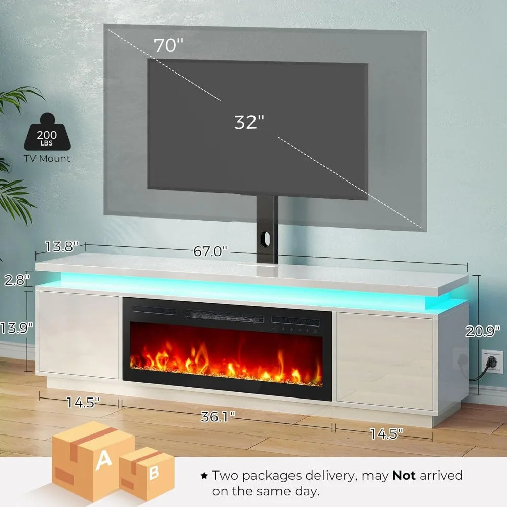Fireplace TV Stand with Led Lights and Power Outlets, TV Stand Mount with 36" Electric Fireplace, White Entertainment Center fo