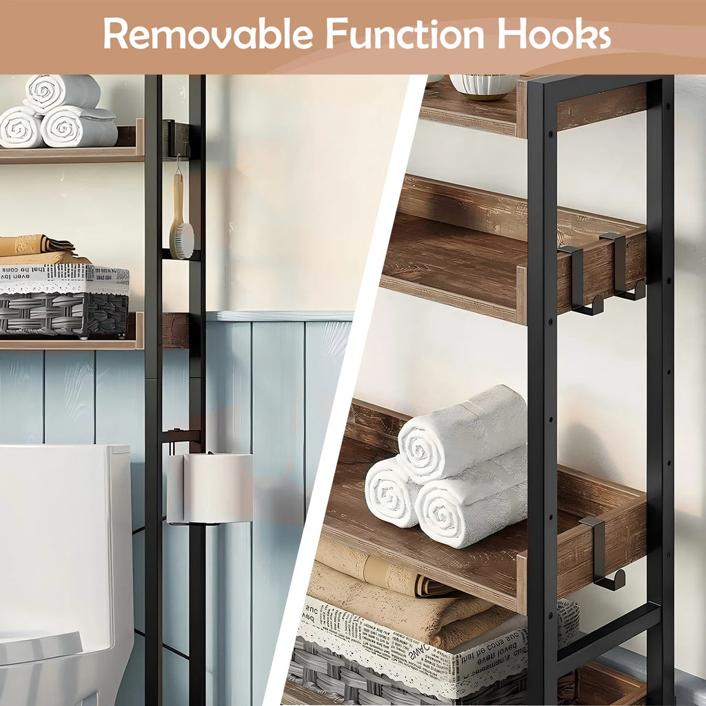 Over The Toilet Storage Rack 4-Tier Bathroom Organizer Freestanding Shelf Space Saver Toilet Stand Cabinet with 4 Hooks