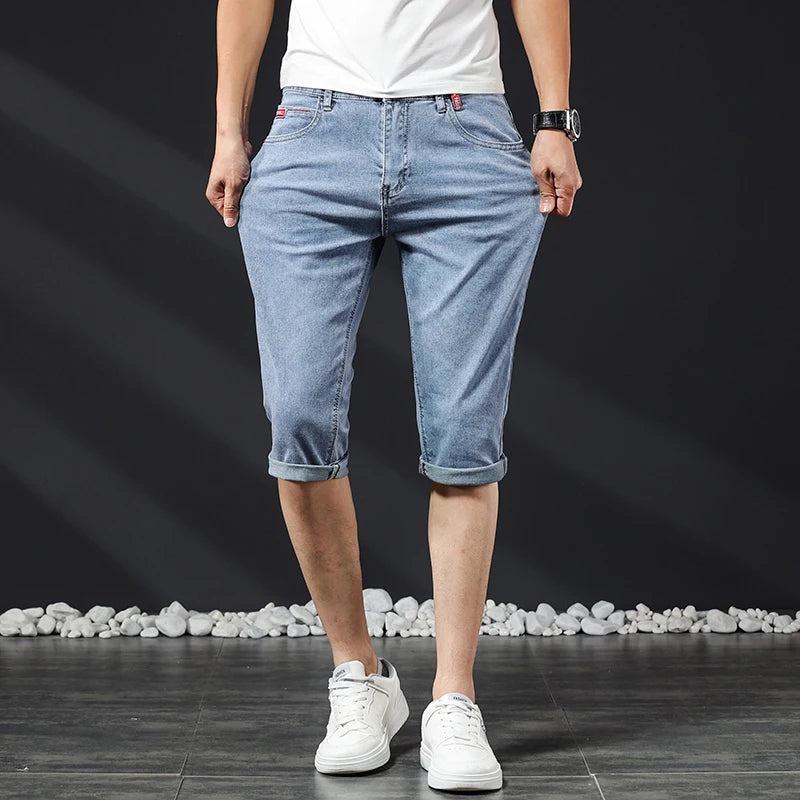 Mens Short Jeans Summer New Bermuda Casual Stretch Blue Knee Length Cropped Pants Slim Male Denim Shorts