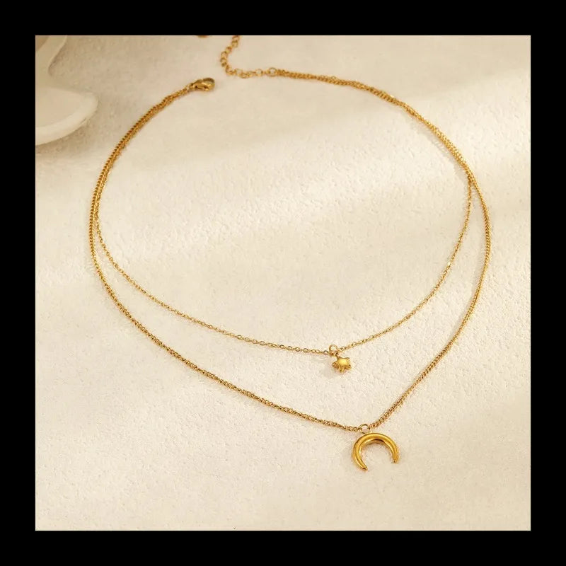 Personality Temperament Retro Style Necklace Stainless Steel Plated Real Gold Moon Star Titanium Steel Necklace