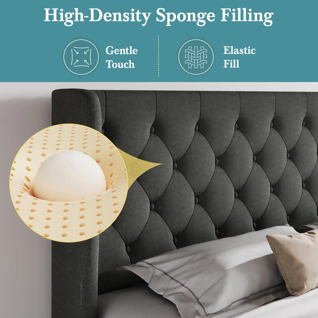 HOOMIC Classic Bed Frame with Button Tufted Wingback Headboard, Upholstered Platform Bed with Wooden Slats Support Allewie