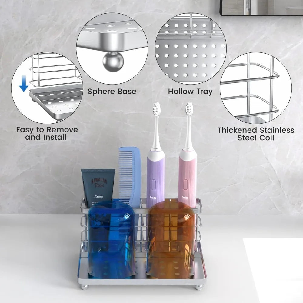 Toothbrush Holders for Bathroom, Toothbrush Holder with Tray, Stainless Steel Holder for Toothbrush Toothpaste, Tooth Brushing