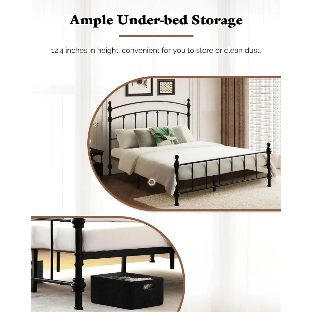 Queen Size Metal Bed Frame with Arched Headboard, Durable and Luxurious Roman Column Design, Easy Assembly