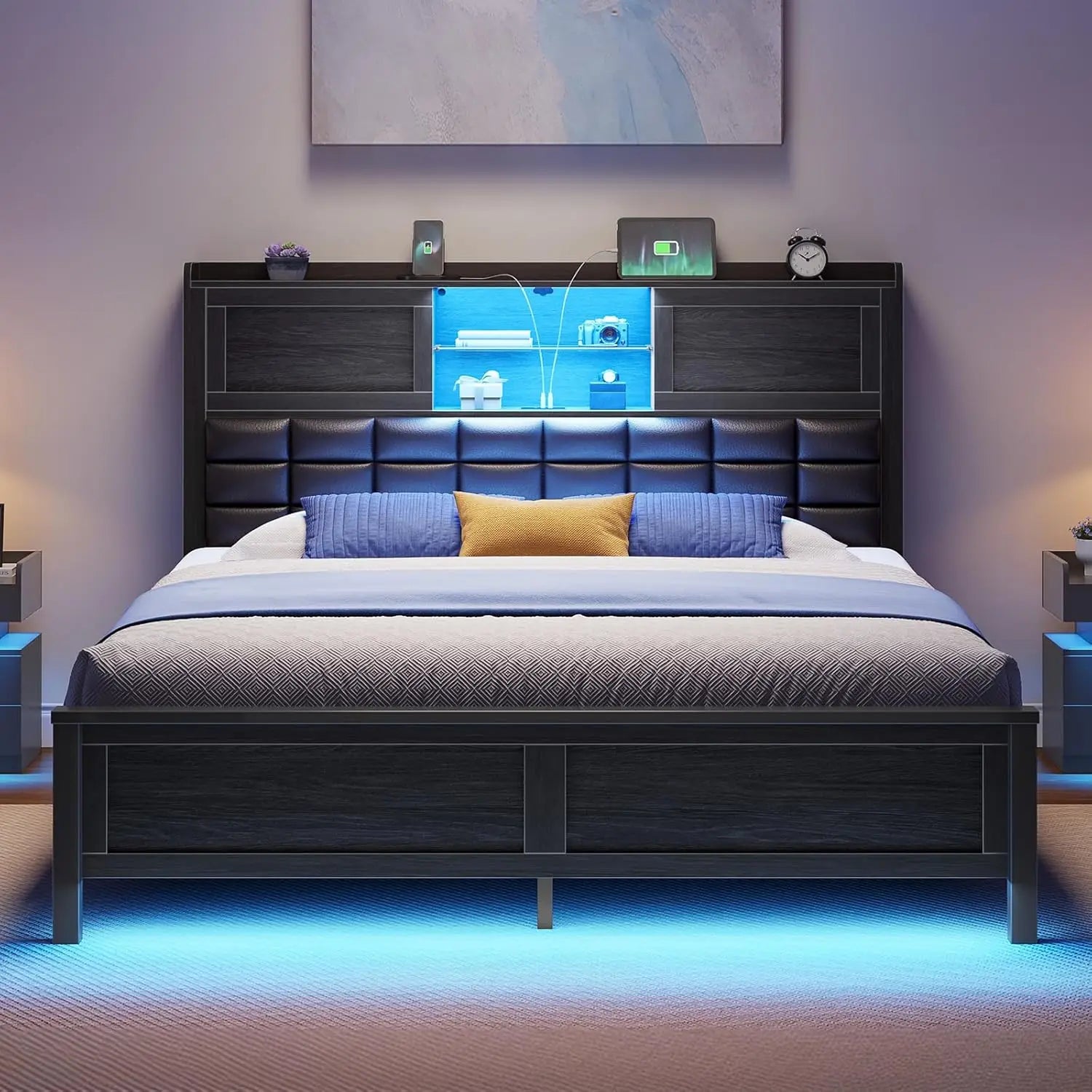 LED Twin Size Bed Frame with Charging Station, Platform Beds with Wooden Slats, No Box Spring Needed, Noise Free, Bed Frame