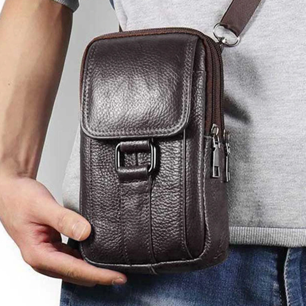 Portable Crossbody Bags Cowhide Leather Cell Phone Belt Pack Fashion Simple Multi-pockets Casual for Outdoor Sport